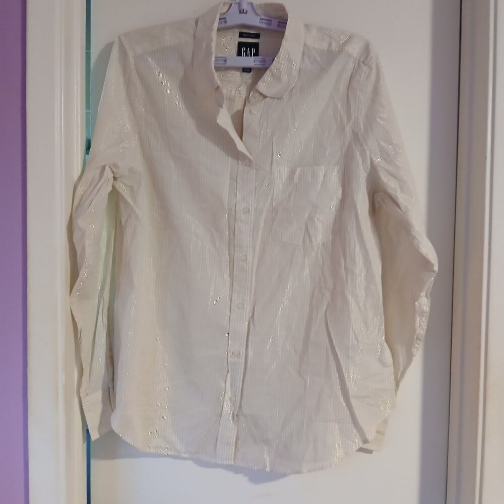 GAP Women's Perfect Shirt White With Metallic Stripes SZ Large